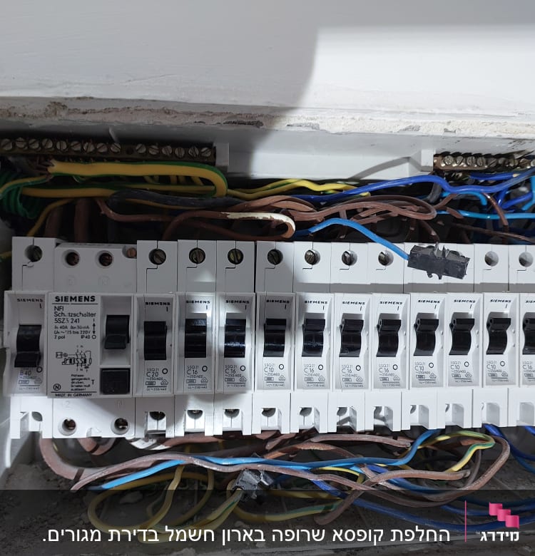 לוח חשמל עם מפסקים וחוטי חשמל צבעוניים